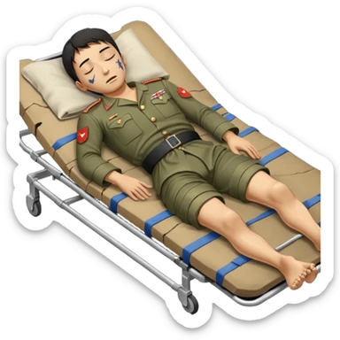 wounded man of oriental appearance, dressed in torn clothes, full length, with closed eyes, head lying on stretcher, in prone position, with injuries on black military stretcher, 1980 sticker