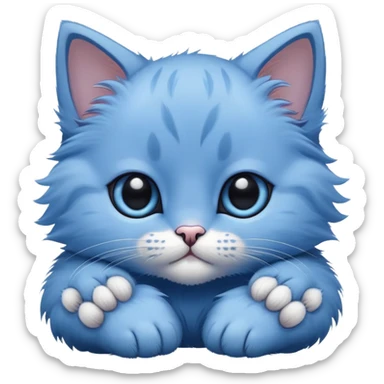The head of a blue kitten with large eyes, resting on its big paws. Minimalist design with no detailed features, focusing on the kitten's adorable face and large paws. sticker