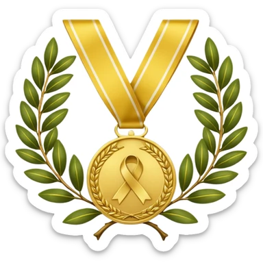 A golden medal with a glossy finish, featuring a central gold awareness ribbon symbol. The ribbon is surrounded by two laurel branches, one on each side, adding a touch of prestige. At the bottom, a small ornamental 'X' symbol completes the design sticker