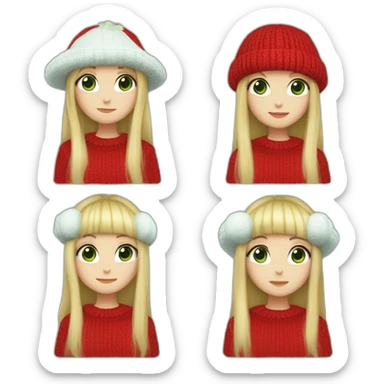 Girl with long blonde hair with bangs, blue eyes, white skin, wearing a frog hat, red sweater, green shirt, a fish necklace and an among us brooch sticker