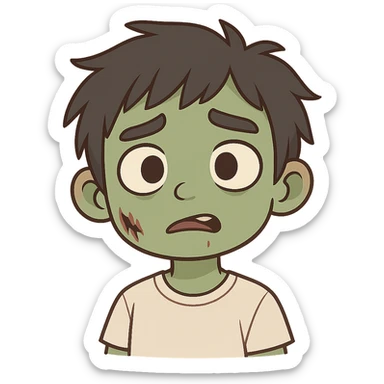 Create a chibi sticker style version of the character with green skin, messy black hair, and a slightly confused expression. Keep the background transparent. sticker