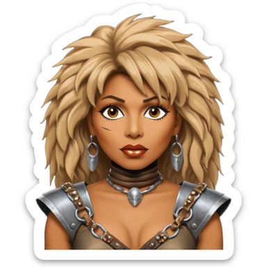 solarpunk ultra HD - portrait of Tina Turner in costume from the movie Mad Max Beyond Thunderdome, dramatic backlit by bronze spotlights sticker