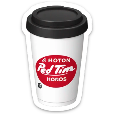 “Red Tim Hortons coffee cup with large white ‘Tim Hortons’ logo in script, black plastic lid, and a simple, clean design.” sticker