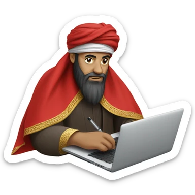 A caliph with turban and red clothes writing in a laptop sticker