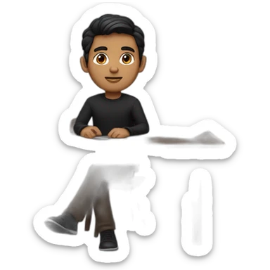     memoji of a man with a laptop in front, apple-style,modern,dark hair,black sweater,computer in hand, srilankan brown skin, sitting on his desk, dark brown eyes sticker