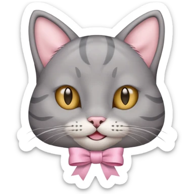 Head of a grey cat, smiling, with a loose ribbon on top of its head sticker