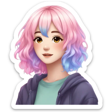 Gorgeous anime style femboy with blushing face aesthetic and pretty colorful shiny gradient pastel hair trending style sticker