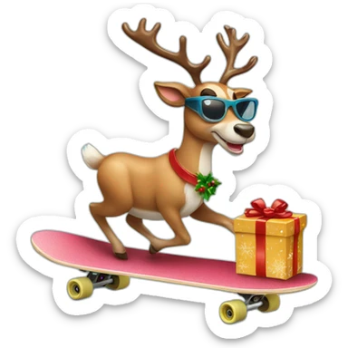 Reindeer wearing sunglasses delivering Christmas gift on skateboard sticker