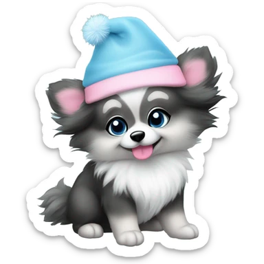 Gray and black Merle pomeranian puppy full body light blue eyes pink christmas hat on sticker
