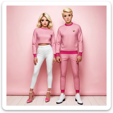 Una pareja de novios van tomados de la mano ella es rubia de ojos carmelitas piel blanca vestido rosado y tacones el muchacho es de piel morena ojos negros un pullover blanco pantalón de mezclilla y tenis blancos el fondo es una iglesia  sticker