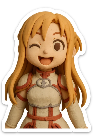 Sticker of Asuna from Sword Art Online in claymation style with a fun expression, inspired by the reference image. sticker