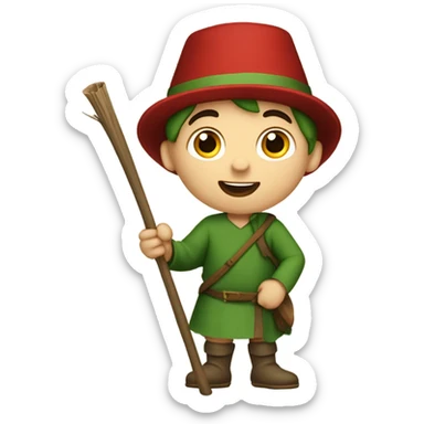 13th century European pilgrim boy with staff, red stockings, short green tunic and green hat, saying hurrah sticker