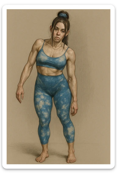 Realistic style illustration of a woman in sportswear with an asymmetric posture showing evident postural problems. The anatomy is clearly visible with muscles and joints emphasized. The background is neutral and the format is vertical, inspired by the reference photo. sticker