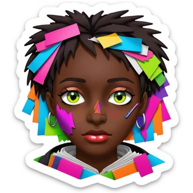 Colourful dark neon graffiti scribble scrapbook patchwork Person face portrait made entirely of multicoloured torn up magazines sticker