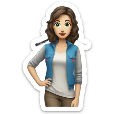 Hip white blue eyes brunette woman with a sporty camper van sticker