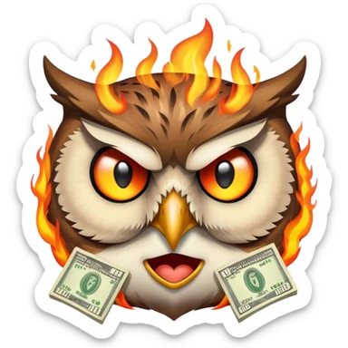 create an emoji of an owl face with flames around and dollar notes in his eyes sticker