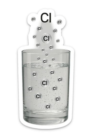 un bicchiere di acqua fluttua in aria realistico e dettagliato, dentro l'acqua del bicchiere ci sono particelle di cloro ben visibili con la scritta "Cl" sopra, ci sono particelle anche che escono dal bicchiere e fluttuano in aria verticalmente, mentre alcune sono all'interno dell'acqua nel bicchiere, iperrealistico 4k sticker