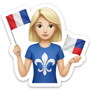 White woman with blonde hair holding a French flag in hand with a fleur-de-lily t-shirt sticker