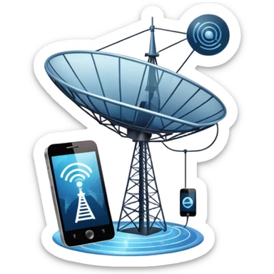 An icon featuring a satellite dish, a cell tower emitting signals, and a smartphone displaying a chat interface. The design includes fiber-optic cables and data waves, symbolizing global communication, connectivity, and information exchange. Transparent background. sticker