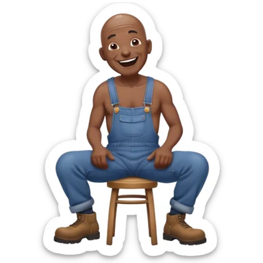 Side view Laughing telling story Old bald black man sitting on stool wearing overalls no shirt. eyes squinting sticker