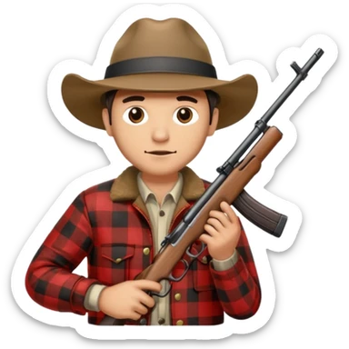 Man wearing buffalo plaid jacket and hat, with rifle sticker