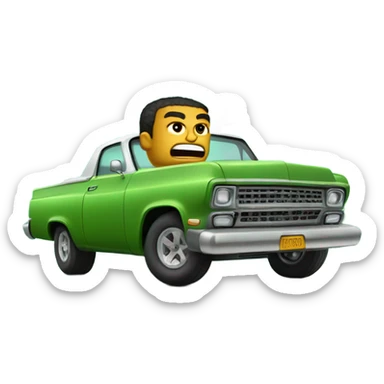 Block face, angry little man smoking and blowing big clouds while riding in a green Lowrider sticker