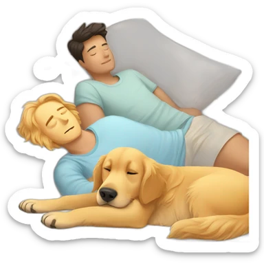 Golden retriever and man sleep on bed sticker
