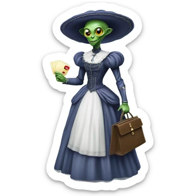 alien galora in Victorian dress elegant, full body, holding big credit card sticker