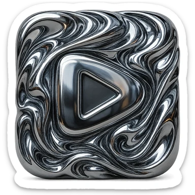 abstract chrome play button with swirling metallic forms and luminous effect sticker