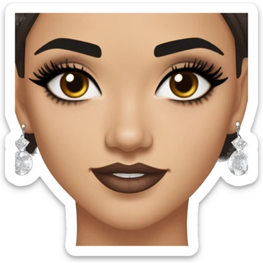 Maddy Perez euphoria show: warm brown eyes, bold black sharp eyeliner, sparkly rhinestones on eyes, dark arched brows, full nude-berry lips, light skin, high cheekbones, sleek dark brown long straight hair in ponytail.

 sticker