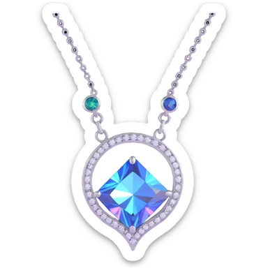 Y2K pendant with round cut holographic diamond, silver setting, blue sapphire accent, visible chain, iridescent and neon details, playful Y2K shapes sticker