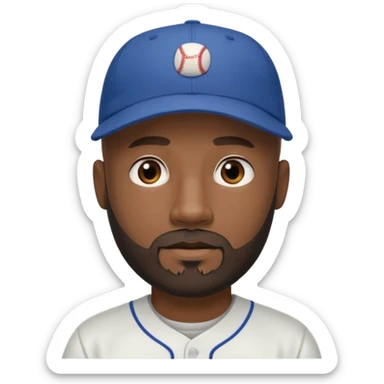 Man with bald head and beard and slightly dark skin wearing a baseball cap sticker