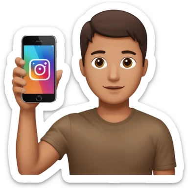 A man in frontal view holding up one iPhone toward the camera. The screen of the iPhone clearly displays the Instagram logo, brightly illuminated.  sticker