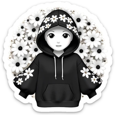 "Generate a black hoodie with scattered medium-sized black and white flowers. Each flower should have a bold, thick white ring as petals with a completely hollow center, creating an open, circular appearance. The flowers should be irregularly shaped, not symmetrical, and spread across the hoodie, including the sleeves and hood. Avoid detailed petals, shading, or filled centers—just simple, bold, hollow ring-like floral patterns sticker