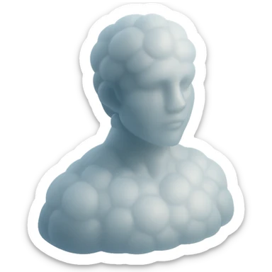person looking straight, composed entirely of white fluffy convex clouds, shoulders up, matte glass style sticker