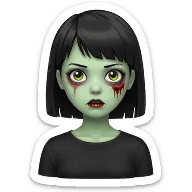 Zombie girl emoji verde com cabelo curto liso preto no ombro e franja na altura da sobrancelha com uma blusa preta sticker