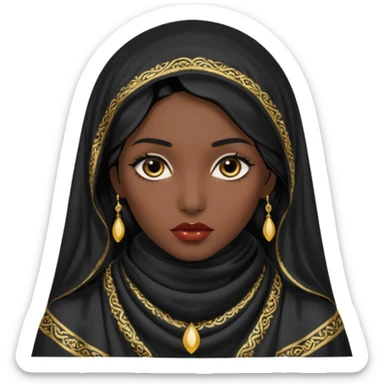 Apariencia: Mujer joven, morena, de gran belleza y porte misterioso.
-Rostro: Ojos grandes y negros, mirada intensa y fija; labios marcados.
-Cabello: Negro, largo y brillante, suele ir cubierto parcialmente por un velo o pañuelo oriental. sticker