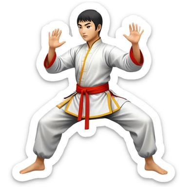 Cinematic Realistic Kung Fu Action Emoji, depicted as an epic martial arts scene with a master executing a precise move in traditional attire, rendered with fluid motion and vibrant textures under dramatic high-contrast lighting. sticker