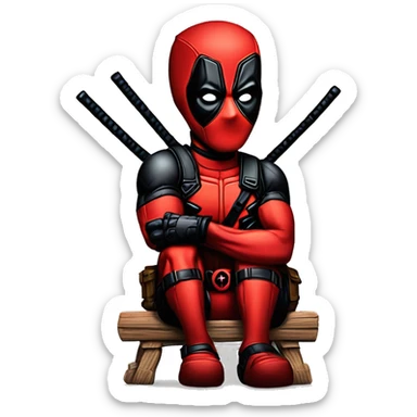 like the character Deadpool but named and drawn as Threadpool as he is made out of many threads, sitting with one leg out and one hand under chin sticker