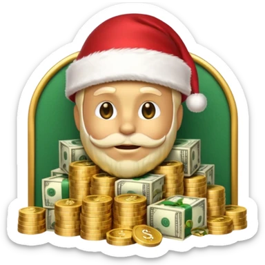 A confident rich emoji face wearing a Santa hat, money stacks, casino vibe, New Year theme, premium 3D emoji style, sharp details, no text, isolated on transparent background sticker