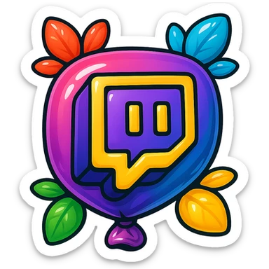 Chunky, smooth, and glossy Twitch logo, cartoon style, bold outline, strong shadows, bright highlights, decorated with colorful leaves, no background. Extra attention to contours and shine, in the style of the reference image, but even more rounded. sticker