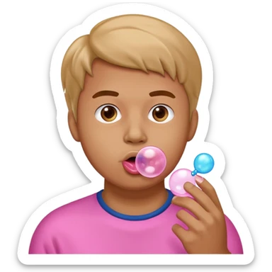 the guy is making a buuble of a chewing gum
 sticker