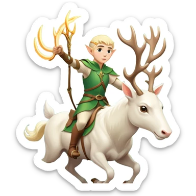 clash-of-clans-aesthetic-blond-male elf-archer-portrait-emoji, rendered in a flat, vector-style with minimal shading and bold, simplified shapes, head tilted slightly forward with a determined, focused expression, riding a majestic white stag whose antlers glow with mystical energy, set against an ancient, enchanted forest backdrop. sticker