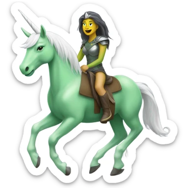 a green amazon alien woman on a grey white unicorn sticker
