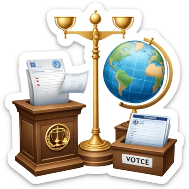 An icon featuring a podium with a speaker, a ballot box with a voting slip, and a globe, symbolizing political science. The design includes scales of justice and a world map in the background, representing governance and global politics. Transparent background highlights political analysis. sticker