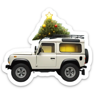Side picture Off white old defender jeep with Christmas tree on the roof with Christmas lights, very small yellow lights  sticker