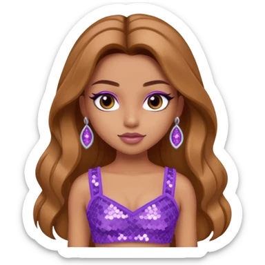 Yasmin from Bratz with long light brown hair, tan skin, brown eyes, lilac sequin crop top sticker