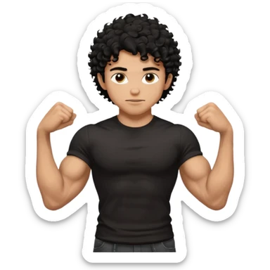 muscular teen boy with veiny hands arms and biceps. has messy black curly hair with dark-tan skintone with black tshirt sticker