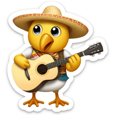 pollito tocando una canción con un sombrero de paja  y una guitrra sticker