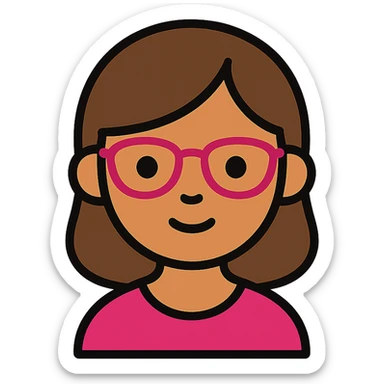 girl with medium brown hair and brown eyes, wearing pink glasses, simple flat icon style sticker